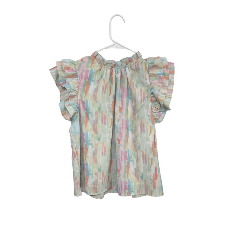 Avara Pastel Watercolor Ruffle Sleeve Blouse Size Medium High Neck Keyhole Back